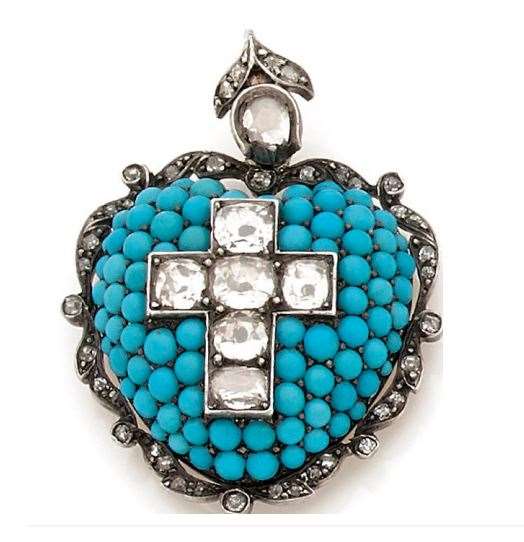 Turquoise and diamond heart with cross pendant